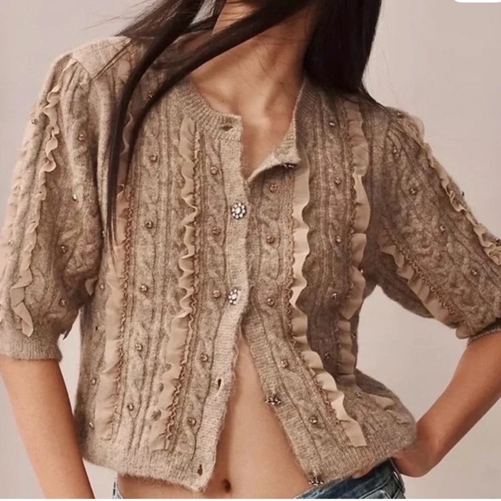 Anthropologie - MEAVE Tan Knit Cardigan with Embellishments